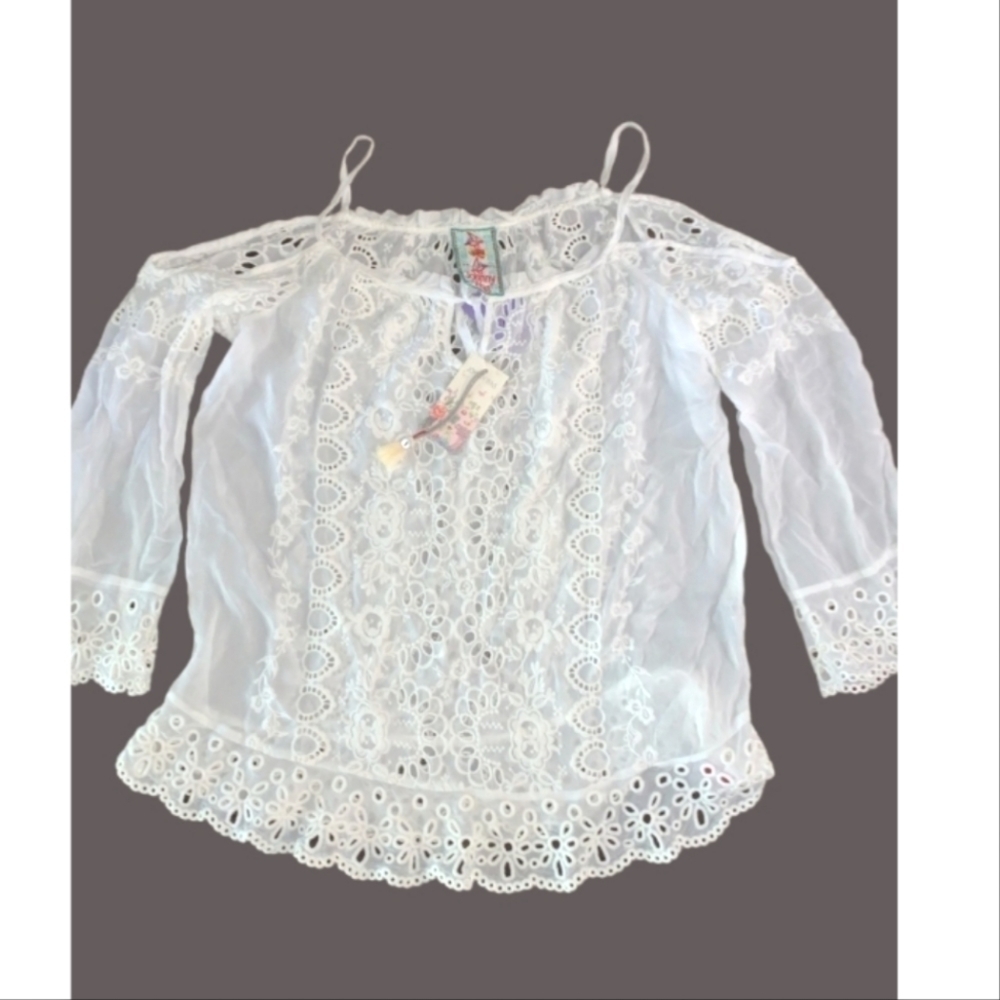 JOHNNY Was Georgia White Cold Shoulder Eyelet Boho Top WHITE